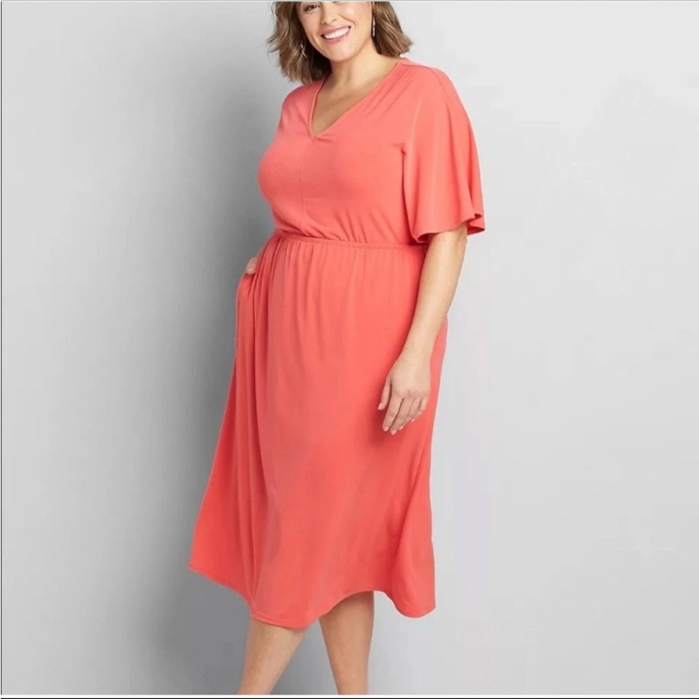 Lane Bryant Women's 14/16 Midi Dress V Neck Knit Kimono Sleeve Coral Orange New